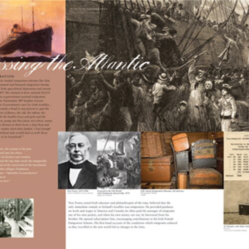 Exhibit panel: Atlantic crossing, immigrants and luggage